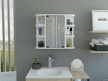 Milan Medicine Cabinet; Six External Shelves Mirror; Three Internal Shelves -White