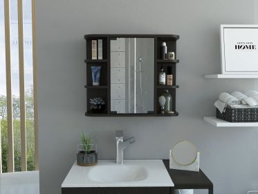 Milan Medicine Cabinet; Six External Shelves Mirror; Three Internal Shelves -Black