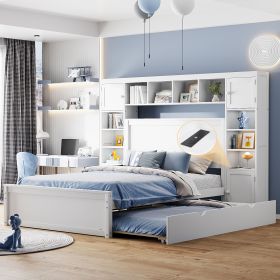 Full Size Wooden Bed With All-in-One Cabinet, Shelf and Sockets,Twin Size Trundle, White