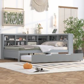 Wooden Full Size DayBed with Twin Size Trundle, DayBed with Storage Shelf and USB Charging Ports,Grey
