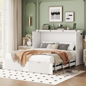 Full Size Murphy Bed Wall Bed with drawer and a set of Sockets & USB Ports, Pulley Structure Design, White