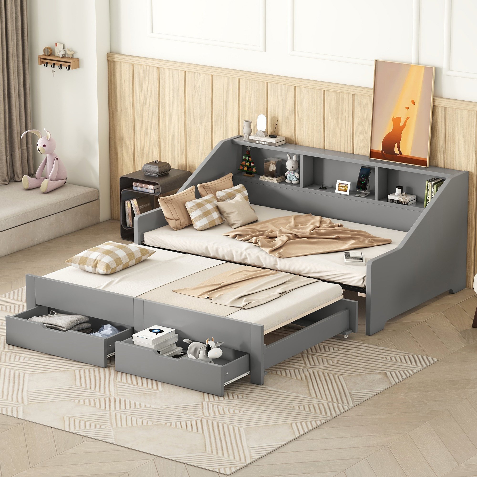 Twin to King Size Daybed Frame with Storage Bookcases and Two Drawers,Charging Design,Gray Twin to King Size Daybed Frame with Storage Bookcases and Two Drawers,Charging Design,Gray