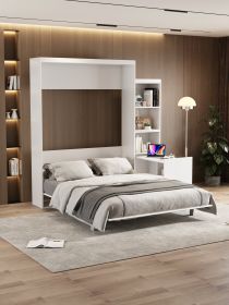 Queen Size Morden Deisgn Big Size Vertical Murphy Bed with Shelf and Drawers for Bedroom or Guestroom White Wall Bed Space Saving Hidden Bed with New
