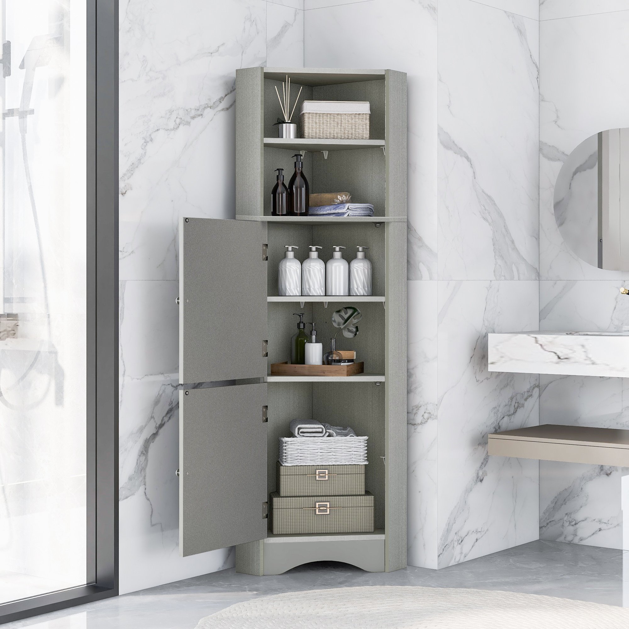 Tall Bathroom Corner Cabinet, Freestanding Storage Cabinet with Doors and Adjustable Shelves, MDF Board, Gray Tall Bathroom Corner Cabinet, Freestanding Storage Cabinet with Doors and Adjustable Shelves, MDF Board, Gray