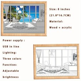 1pc Dimming 3-color Beach Sun Painting Lamp,Sketch Light. Healing Light, Bedside Bedroom Sleeping Lamp, Romantic Birthday Gift,Bedside Table Lamp (Items: 8in Seaside In-line)
