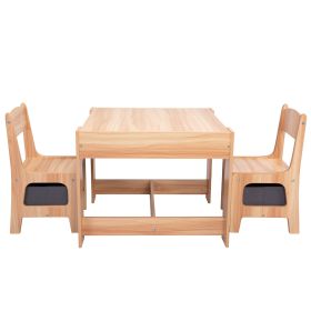 3-in-1 Kids Wood Table and 2 Chairs, Children Activity Table Set with Storage, Blackboard, Double-Sided Table for Drawing (Color: Natural+gray)