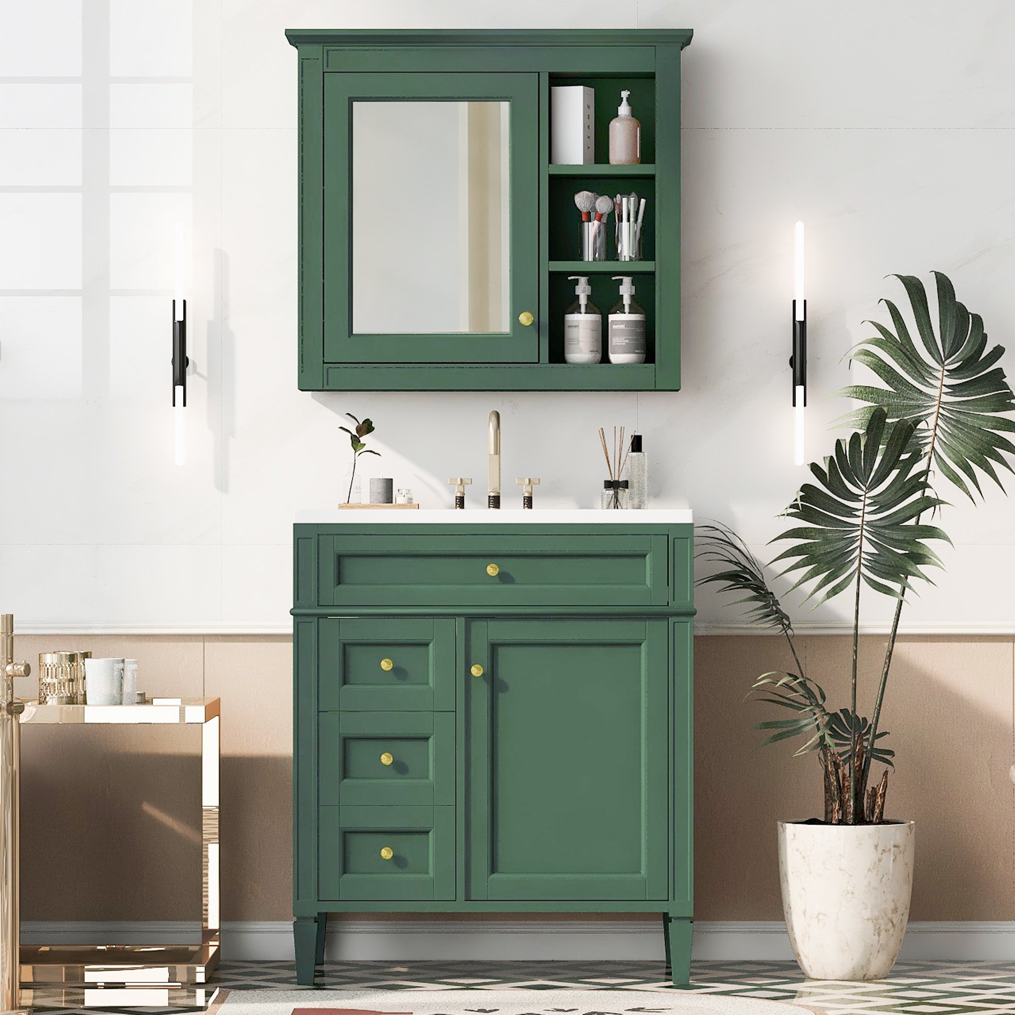 30'' Bathroom Vanity with Top Sink, Modern Bathroom Storage Cabinet with 2 Drawers and a Tip-out Drawer, Freestanding Vanity Set with Mirror Cabinet 30'' Bathroom Vanity with Top Sink, Modern Bathroom Storage Cabinet with 2 Drawers and a Tip-out Drawer, Freestanding Vanity Set with Mirror Cabinet