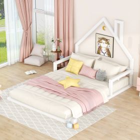 Full Size Wood Floor Bed with House-shaped Headboard (Color: White)