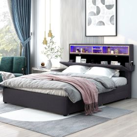 Queen Size Upholstered Platform Bed with Storage Headboard, LED, USB Charging and 2 Drawers (Color: Dark Gray)