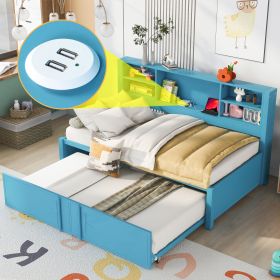 Metal Twin Size Daybed with Twin Size Trundle, Storage Shelves and USB Ports (Color: Blue)