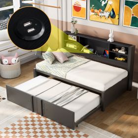 Metal Twin Size Daybed with Twin Size Trundle, Storage Shelves and USB Ports (Color: Black)