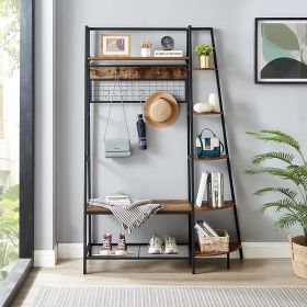 Industrial-Style Hall Tree Entryway Coat Rack with Bookshelves, Bench Seat and Shoe Storage (Color: brown)