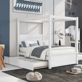 Wood Canopy Bed with Trundle Bed ; Full Size Canopy Platform bed With Support Slats .No Box Spring Needed (Color: White)