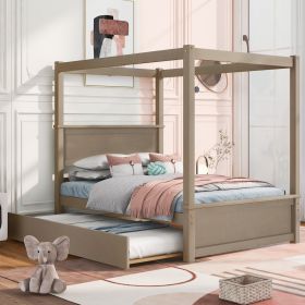 Wood Canopy Bed with Trundle Bed ; Full Size Canopy Platform bed With Support Slats .No Box Spring Needed (Color: Light Brown)