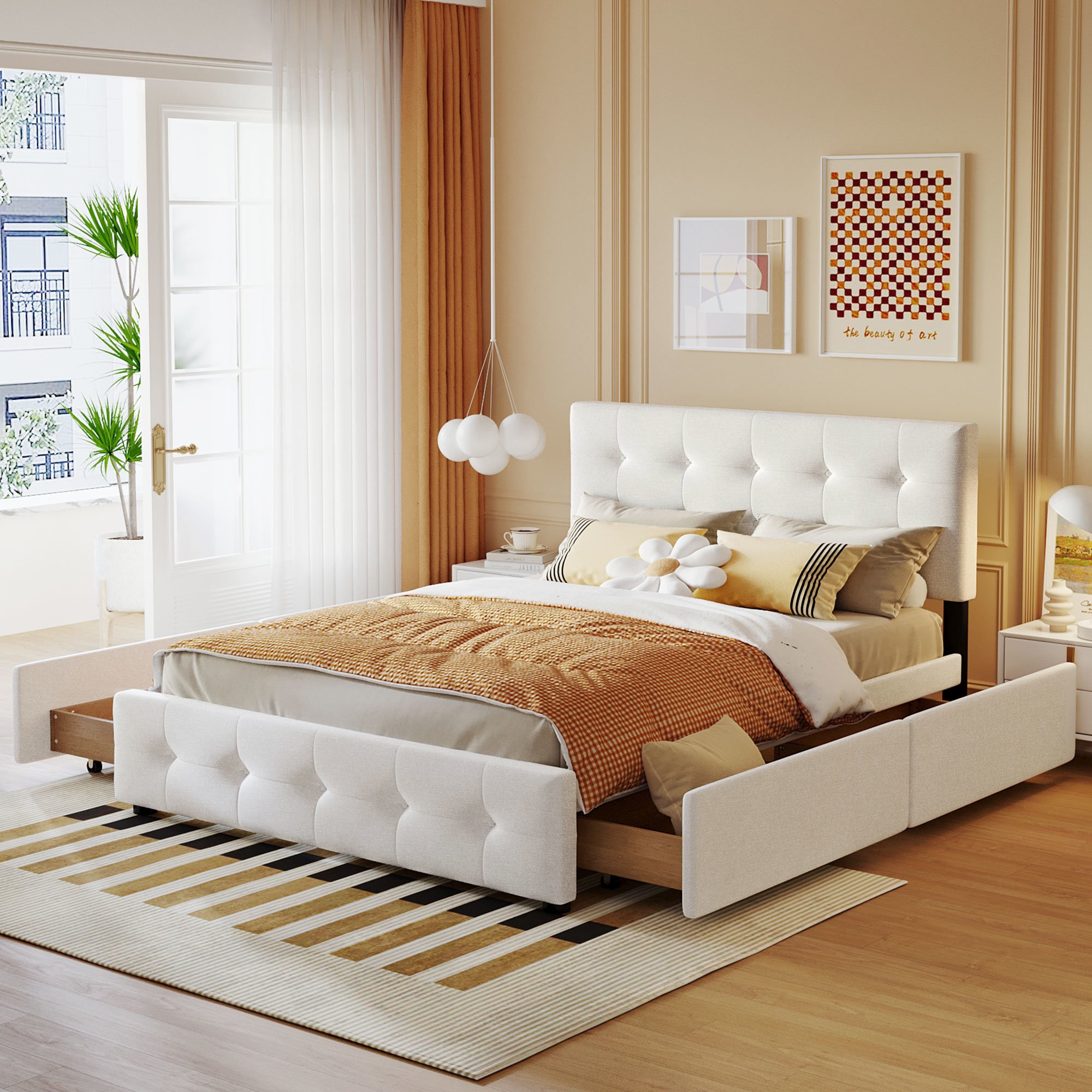 Upholstered Platform Bed with Classic Headboard and 4 Drawers; No Box Spring Needed; Linen Fabric; Queen Size Upholstered Platform Bed with Classic Headboard and 4 Drawers; No Box Spring Needed; Linen Fabric; Queen Size