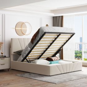 Queen size Upholstered Platform bed with a Hydraulic Storage System (Color: beige)