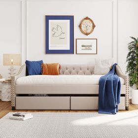 Upholstered daybed with Two Drawers;  Wood Slat Support;  Gray;  Full Size (Color: beige)
