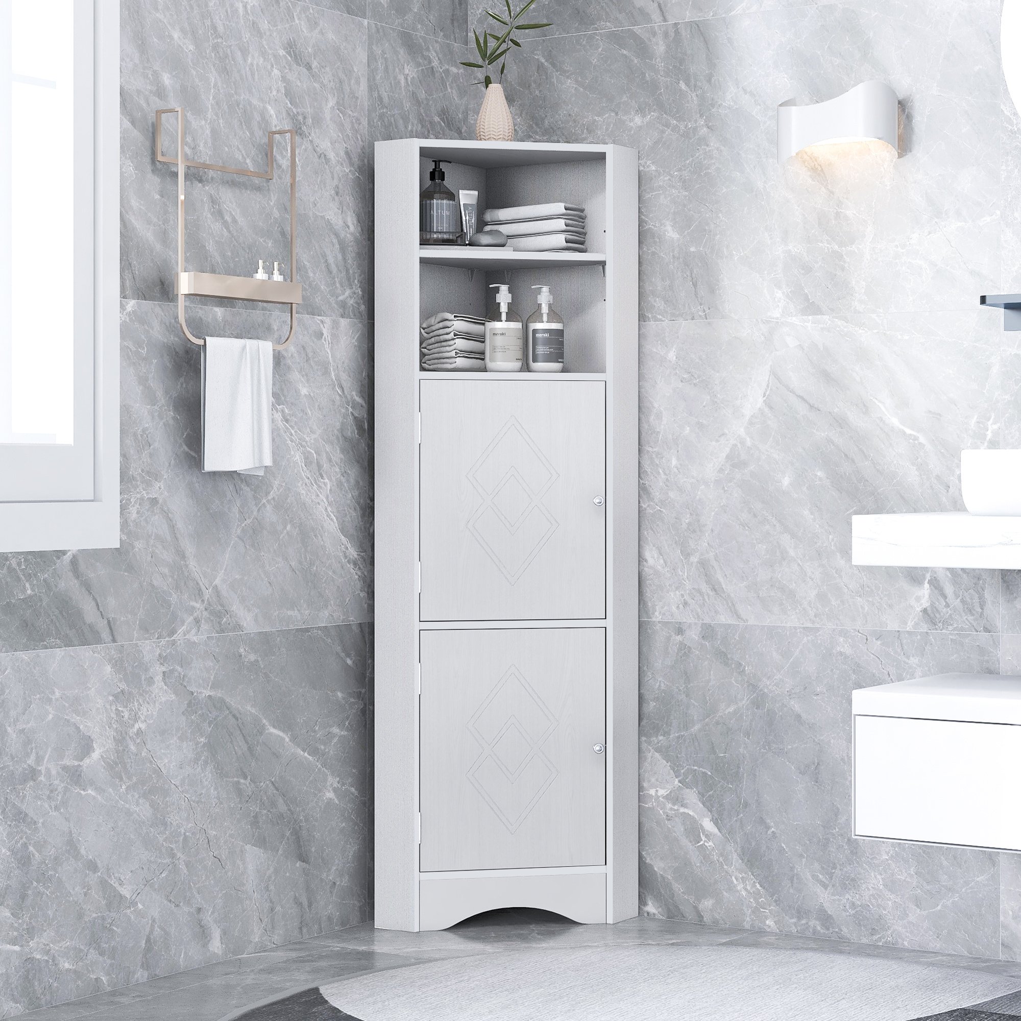 Tall Bathroom Corner Cabinet; Freestanding Storage Cabinet with Doors and Adjustable Shelves; MDF Board; Gray Tall Bathroom Corner Cabinet; Freestanding Storage Cabinet with Doors and Adjustable Shelves; MDF Board; Gray