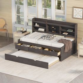 Twin Size Wooden Captain Bed with Built-in Bookshelves; Three Storage Drawers and Trundle (Color: natural)