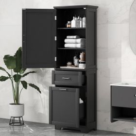 Bathroom Storage Cabinet, Tall Storage Cabinet with Two Drawers, Open Storage, Adjustable Shelf (Color: Black)