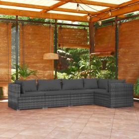 5 Piece Patio Lounge Set with Cushions Poly Rattan Gray (Color: Grey)